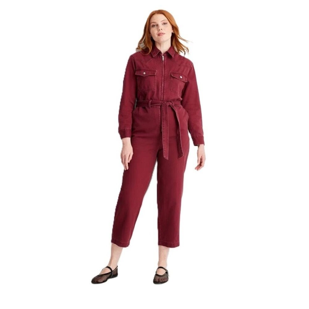 Future Collective Women's Burgundy Denim LS Zip Front Jumpsuit